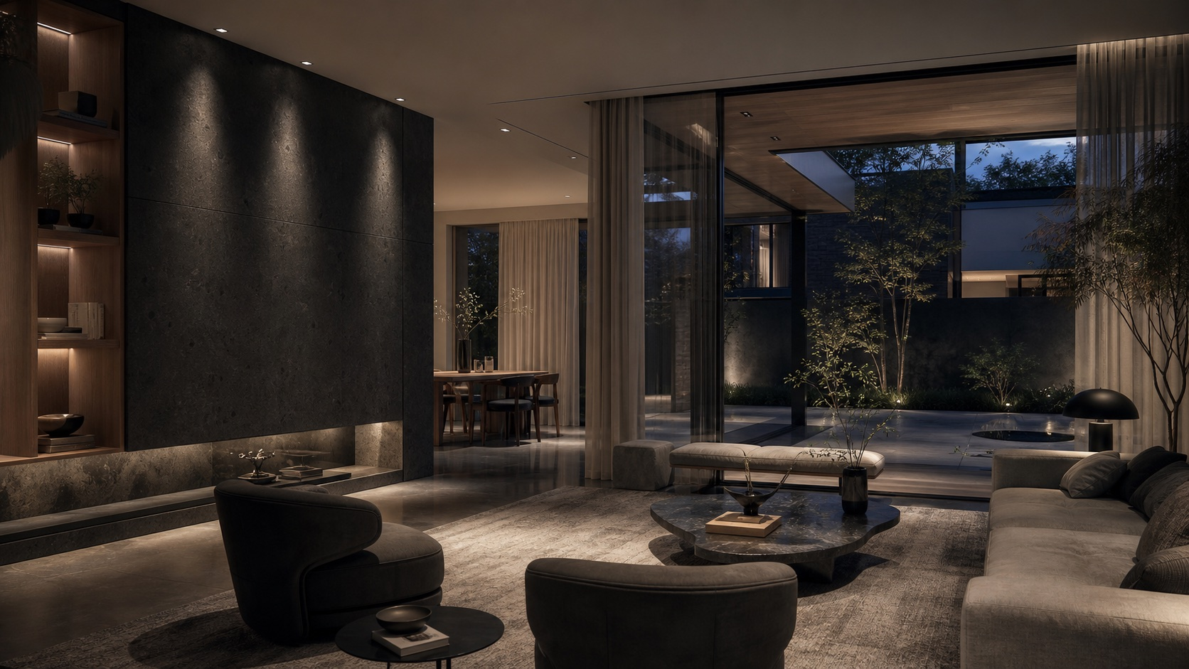 A composed luxury residence opening to a landscaped courtyard