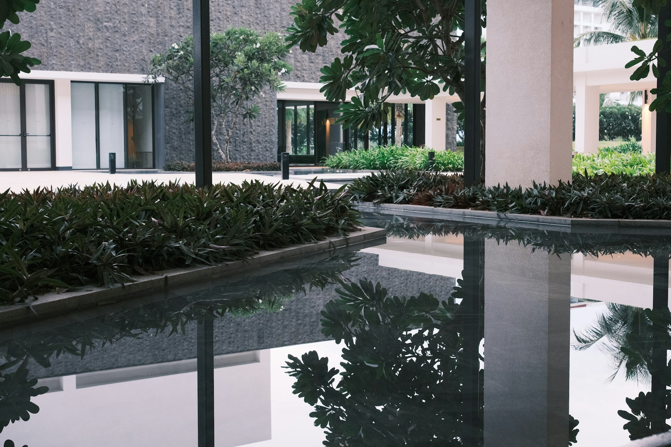 A calm landscaped courtyard reflected across a shallow pool
