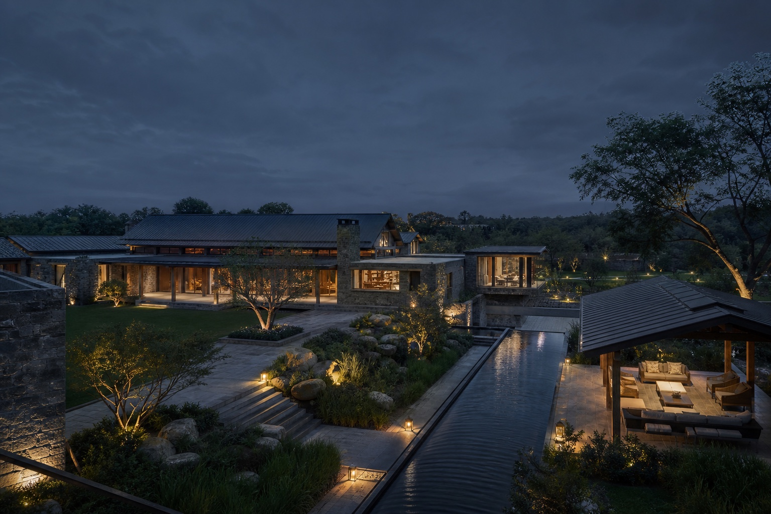 An expansive multi-wing estate at blue hour